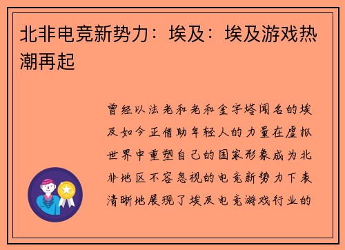 北非电竞新势力：埃及：埃及游戏热潮再起